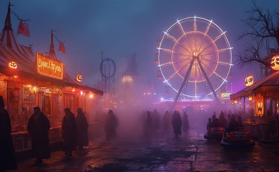 Nighttime carnival scene with jack-o'-lantern-topped Ferris wheel, spooky haunted house ride, cobweb-covered bumper cars, and costumed revelers enjoying cotton candy and caramel apples. Orange and purple lighting illuminates fog-filled grounds.